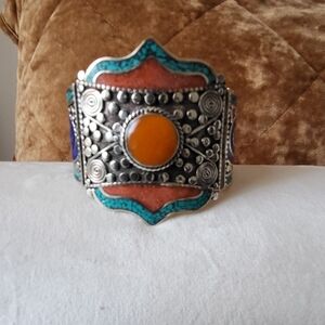 Genuine Turquoise Coral Copal a d Lapis Lazuli Tibetan Silver cuff